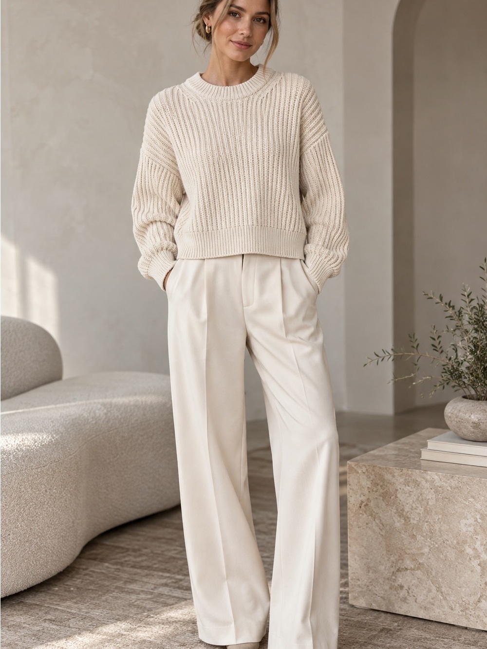 Acne Studios Ribbed Knit Sweater XS Cream Ivory Oversized Boxy Crewneck Luxury